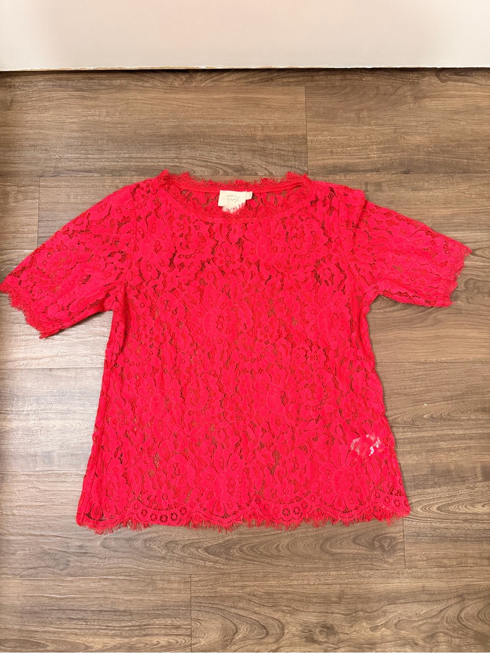 Anthropologie Bright Red Lace Short Sleeve Top